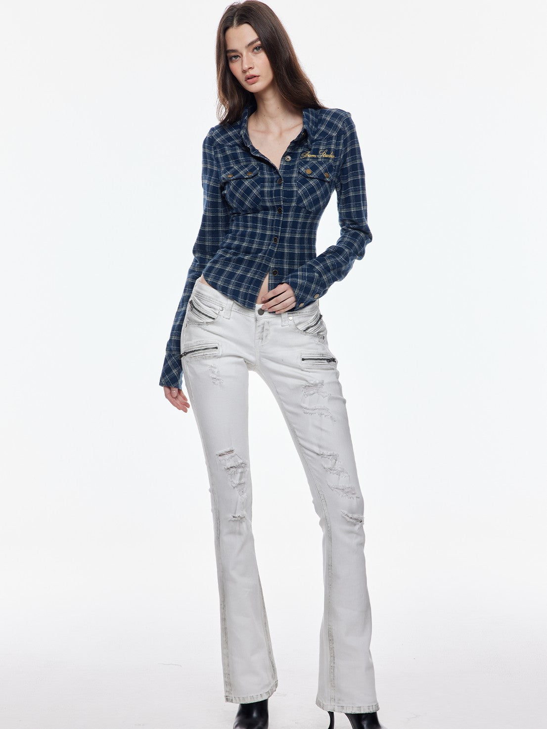 BUM STUDIO Distressed Embossed Slim Low Rise Women's Cotton Stretch Bootcut Jeans