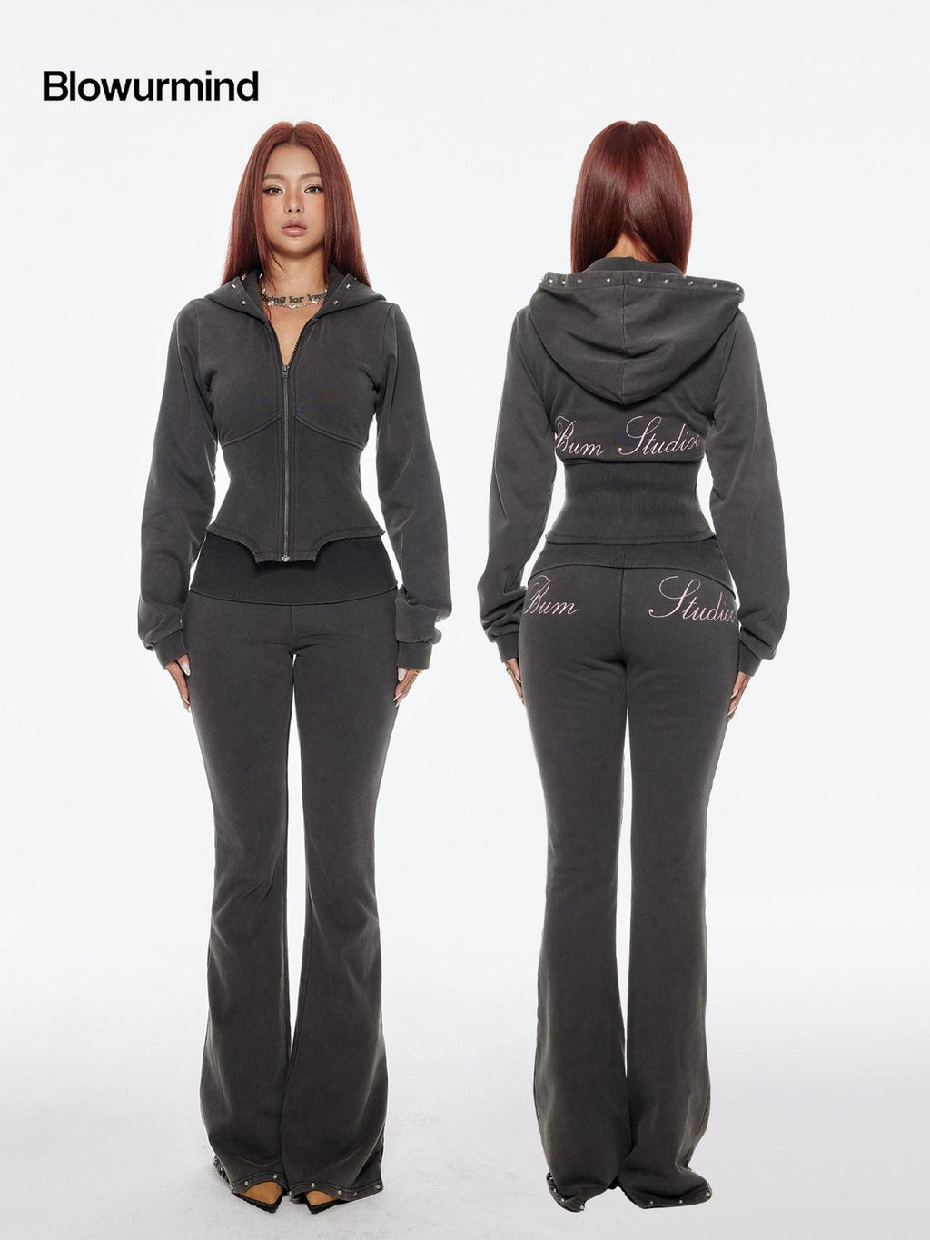 BUM STUDIO Distressed Embroidered Studded Waist Cinch Women's Cotton Tracksuit Sets