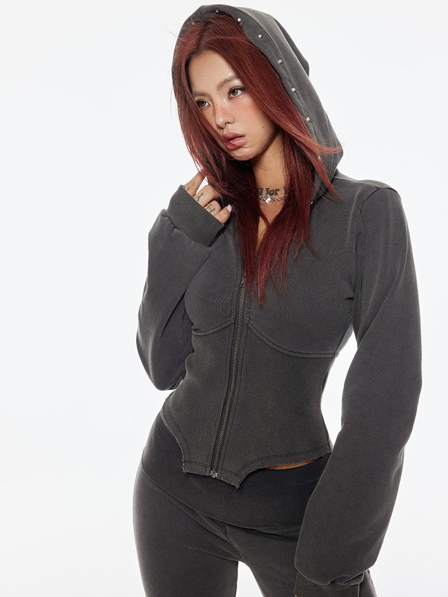 BUM STUDIO Distressed Embroidered Studded Waist Cinch Women's Cotton Tracksuit Sets
