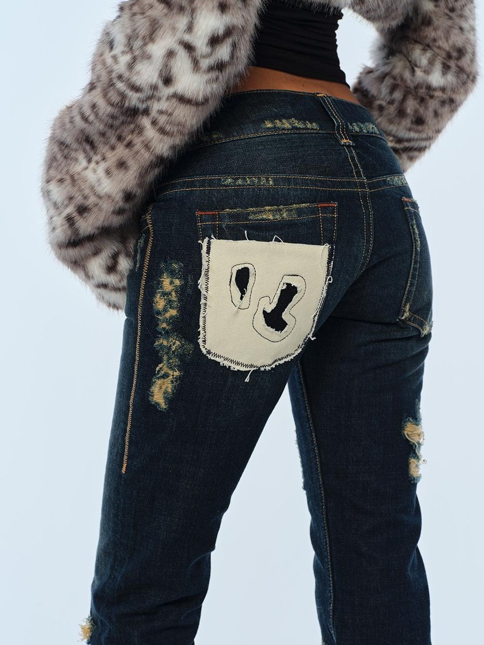 BUM STUDIO Distressed Patch Low Waist Slim Fit Cotton Women's Distressed Jeans