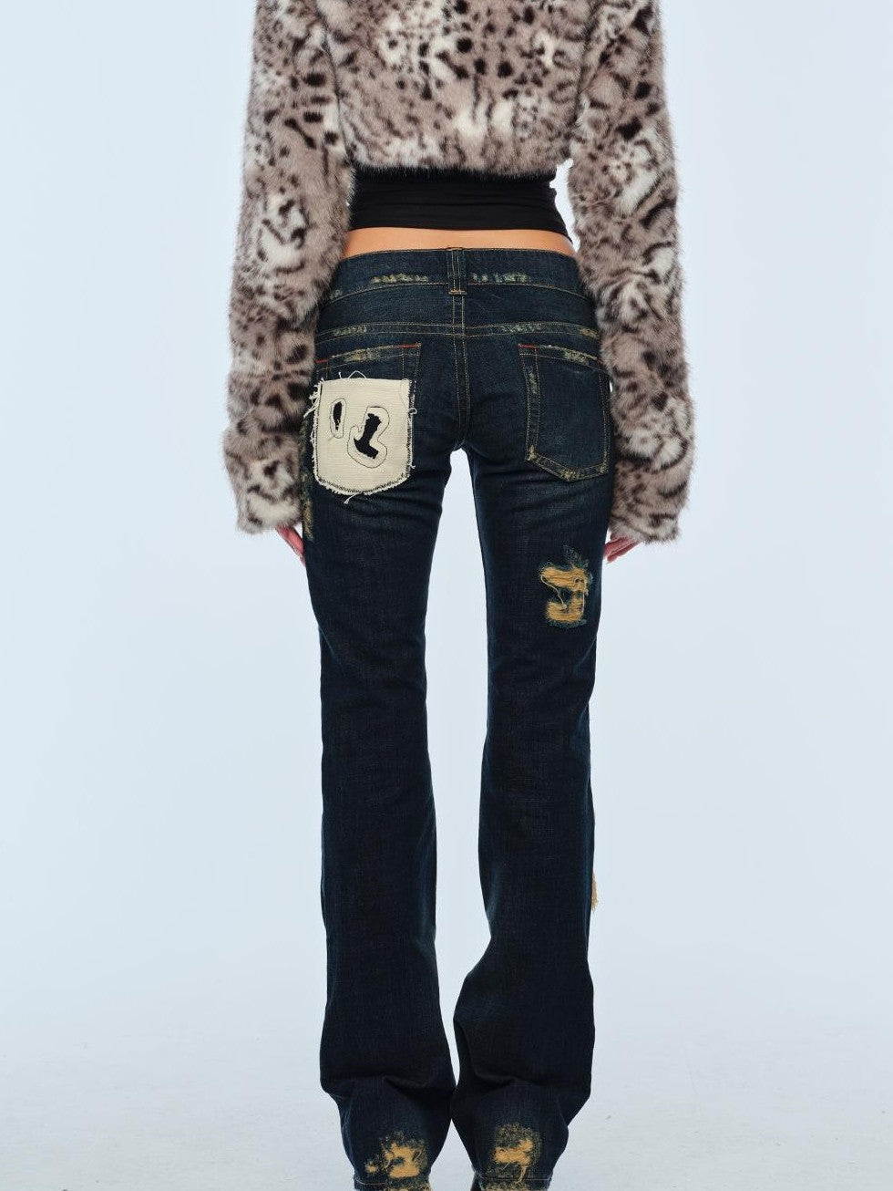 BUM STUDIO Distressed Patch Low Waist Slim Fit Cotton Women's Distressed Jeans
