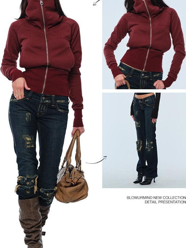 BUM STUDIO Distressed Patch Low Waist Slim Fit Cotton Women's Distressed Jeans