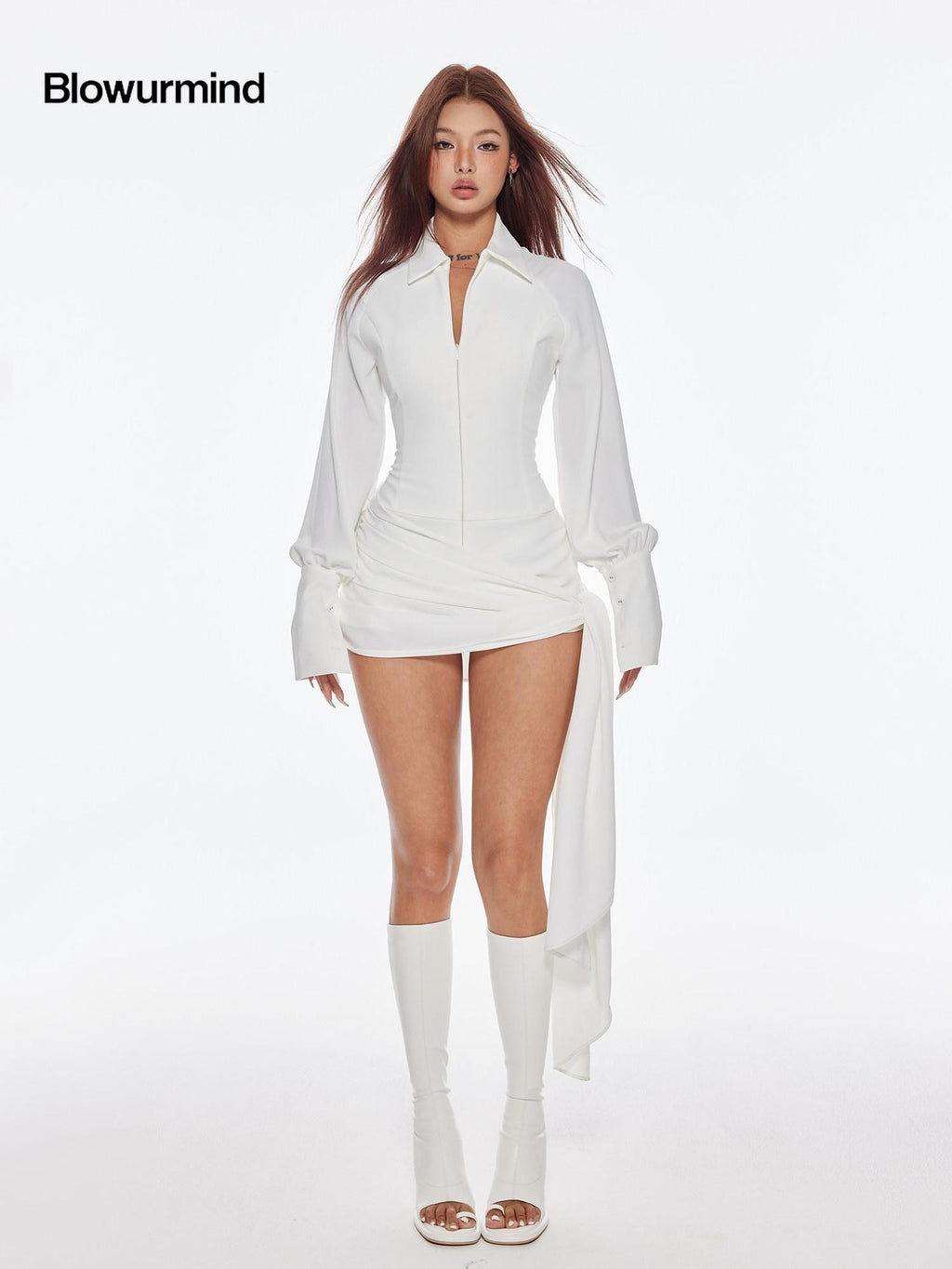 BUM STUDIO Draped Splice V-neck Tie Waist Women's Polyester Long Sleeve Bodysuits