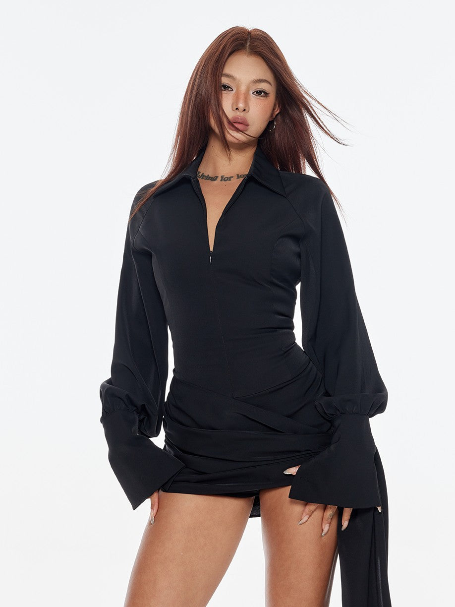 BUM STUDIO Draped Splice V-neck Tie Waist Women's Polyester Long Sleeve Bodysuits