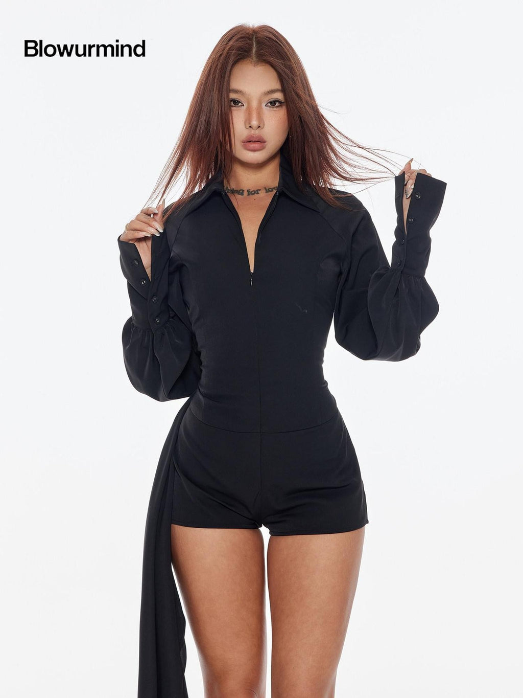 BUM STUDIO Draped Splice V-neck Tie Waist Women's Polyester Long Sleeve Bodysuits