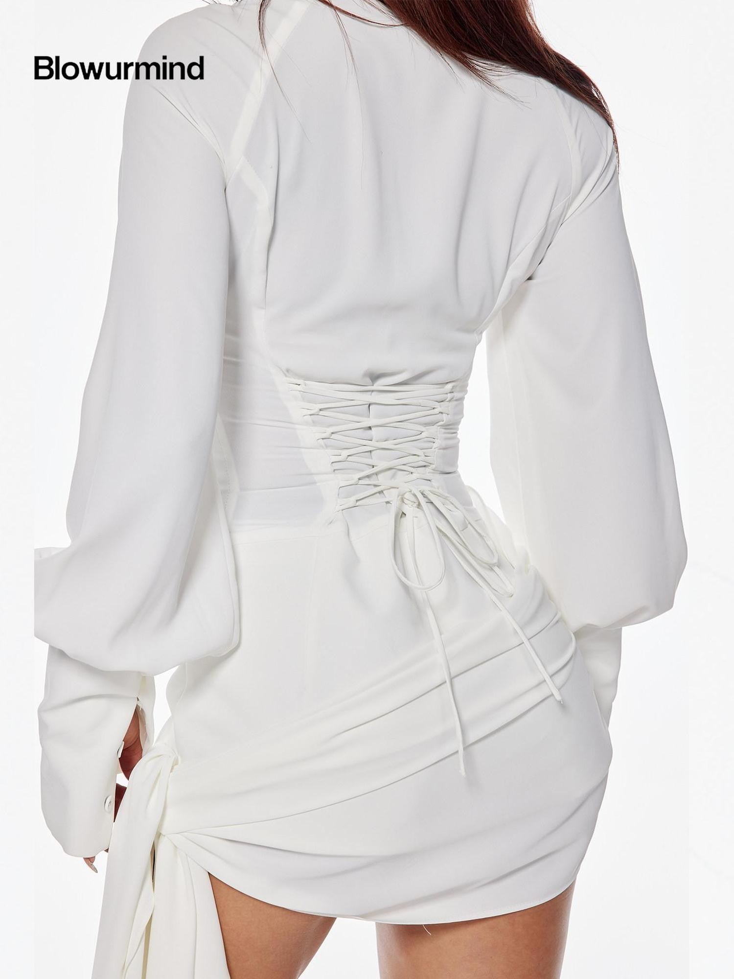 BUM STUDIO Draped Splice V-neck Tie Waist Women's Polyester Long Sleeve Bodysuits
