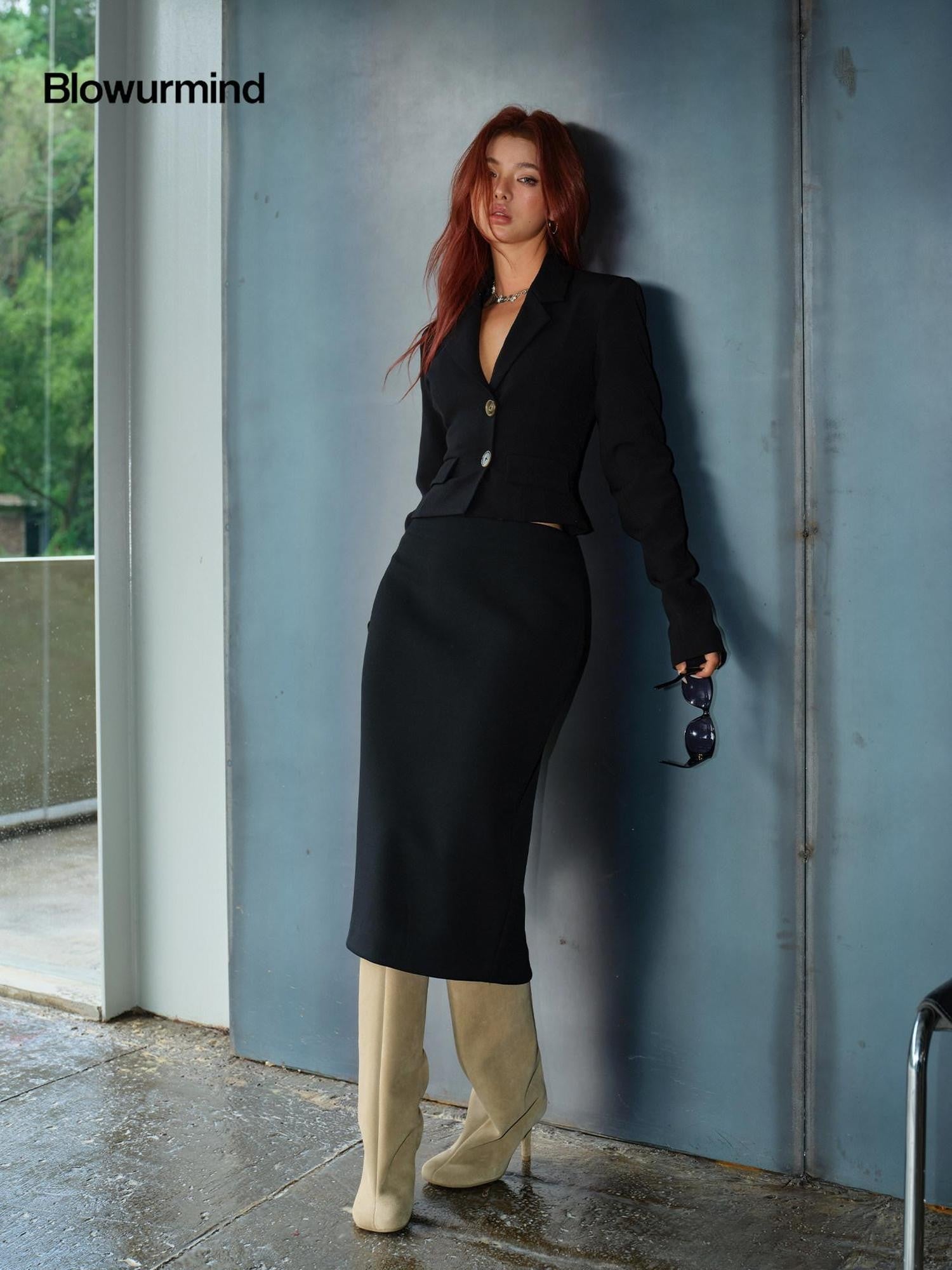 BUM STUDIO Elegant Cocoon Structured Back Slit Women's Polyester Blend Pencil Skirts