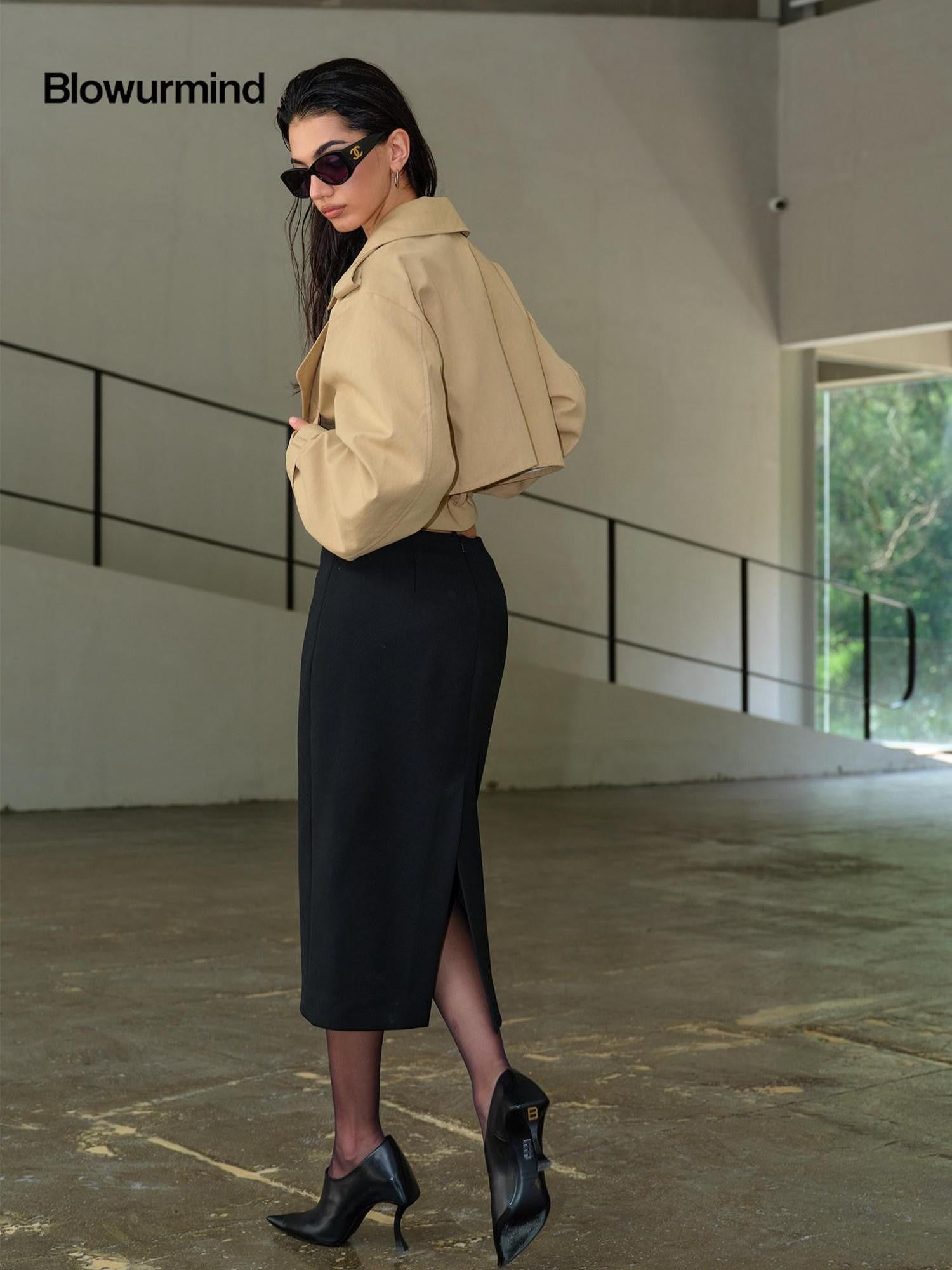 BUM STUDIO Elegant Cocoon Structured Back Slit Women's Polyester Blend Pencil Skirts