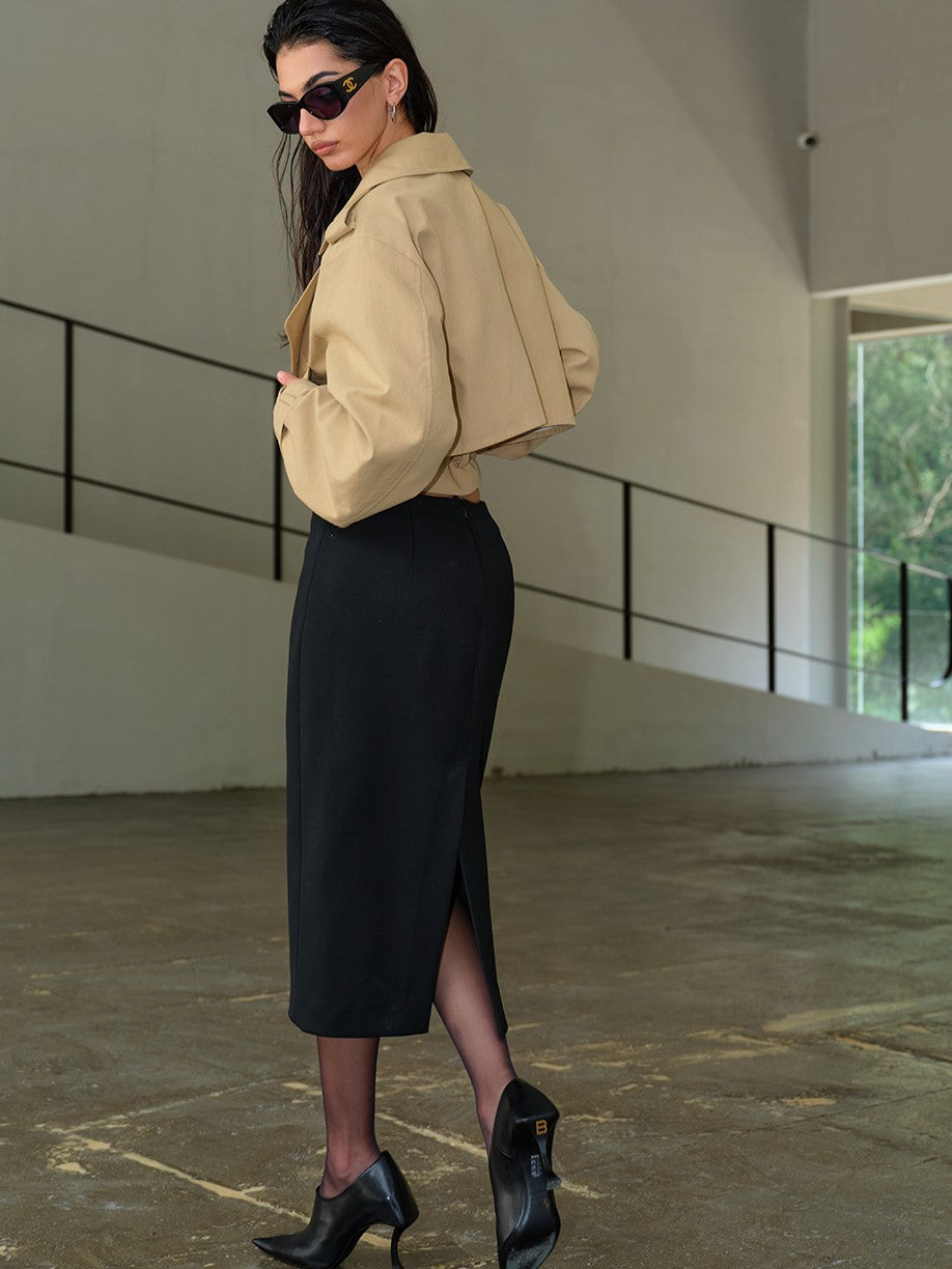 BUM STUDIO Elegant Cocoon Structured Back Slit Women's Polyester Blend Pencil Skirts