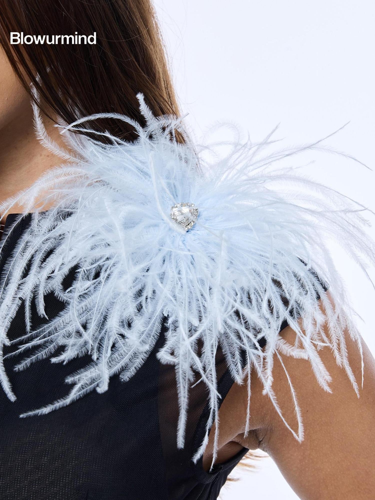 BUM STUDIO Elegant Statement Blue Black Ostrich Feather Women's Brooches