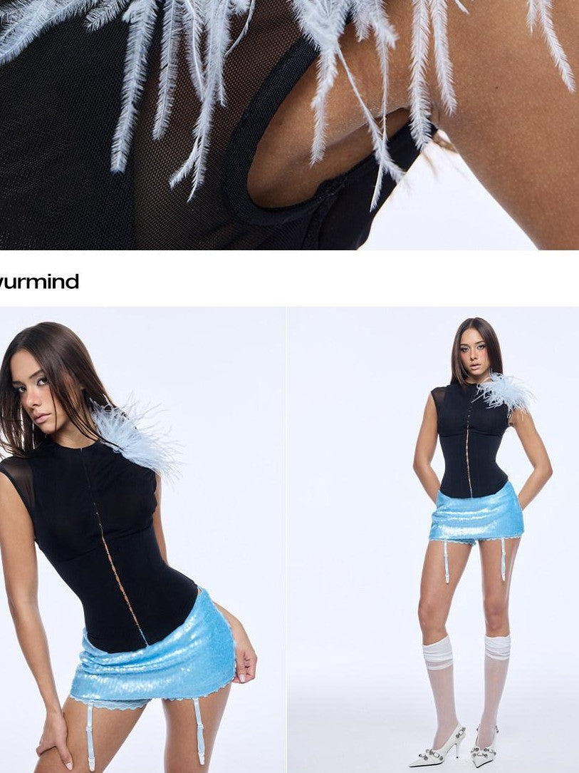 BUM STUDIO Elegant Statement Blue Black Ostrich Feather Women's Brooches