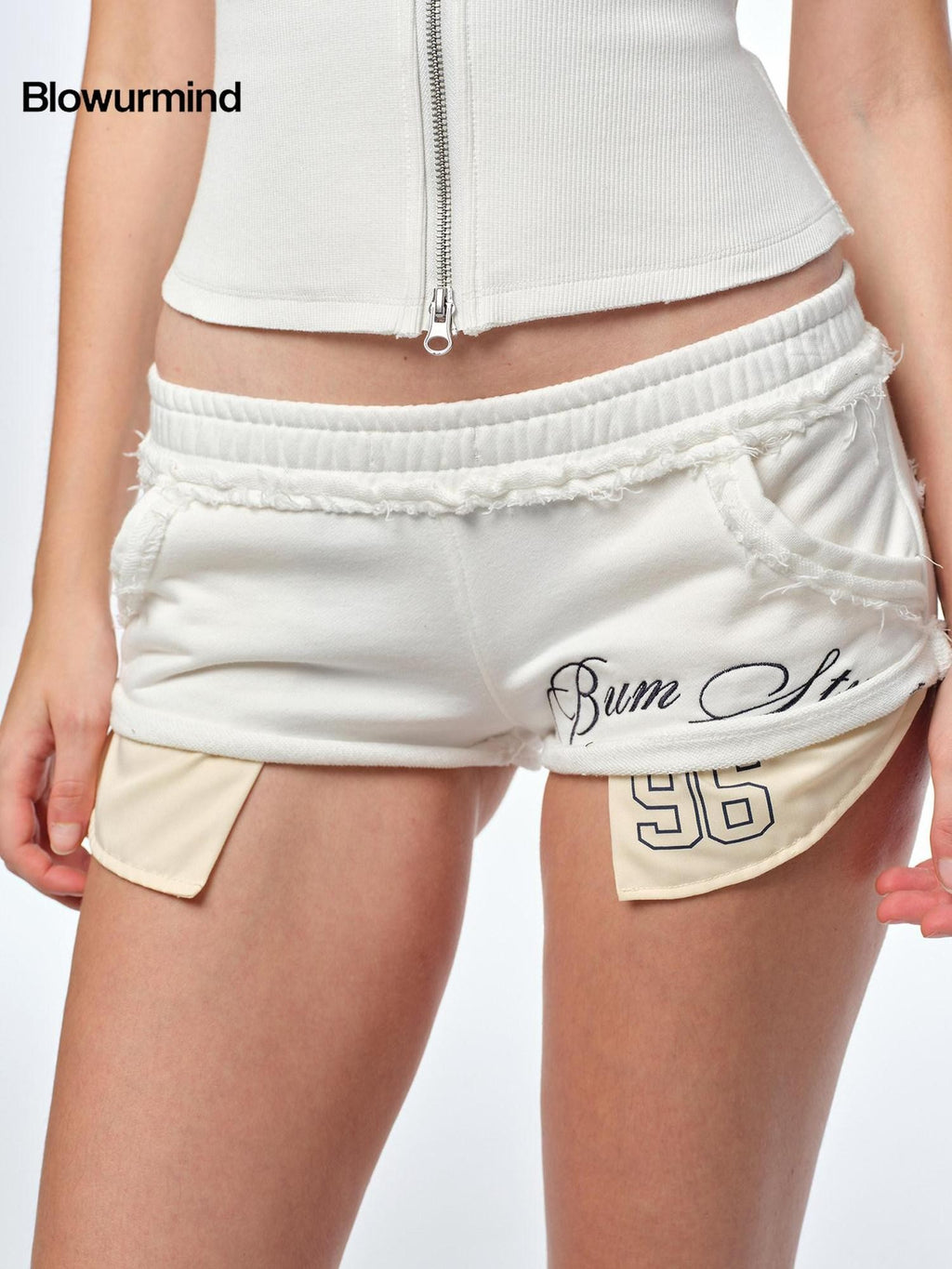 BUM STUDIO Embroidered Hooded Cropped Waist Short Sleeve Women's Cotton Zip-up Hoodies