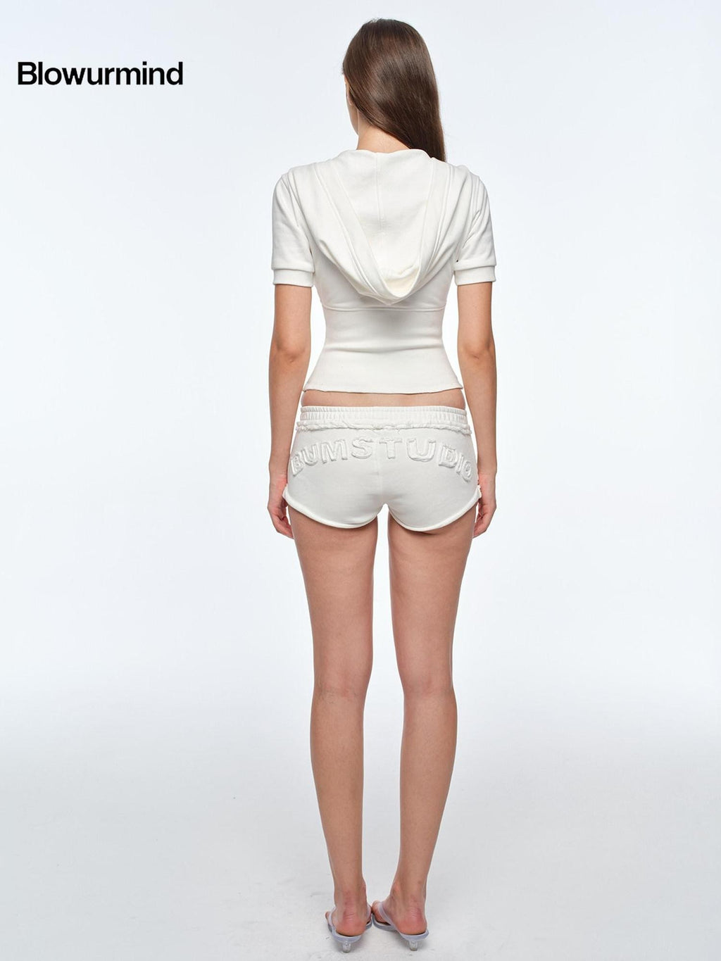 BUM STUDIO Embroidered Hooded Cropped Waist Short Sleeve Women's Cotton Zip-up Hoodies