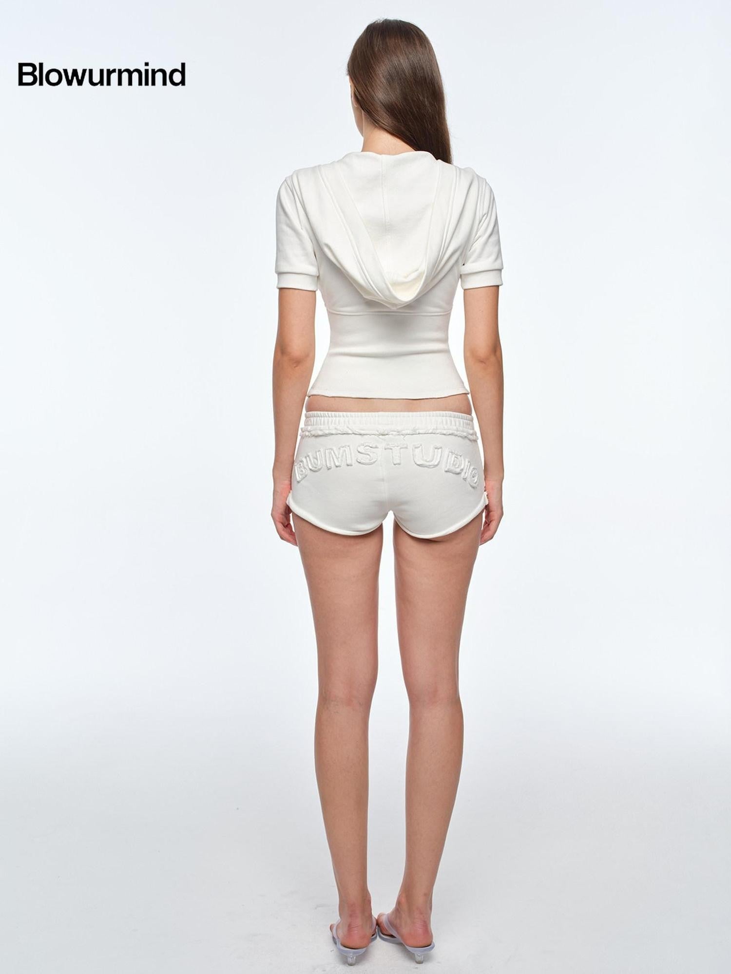 BUM STUDIO Embroidered Hooded Cropped Waist Short Sleeve Women's Cotton Zip-up Hoodies