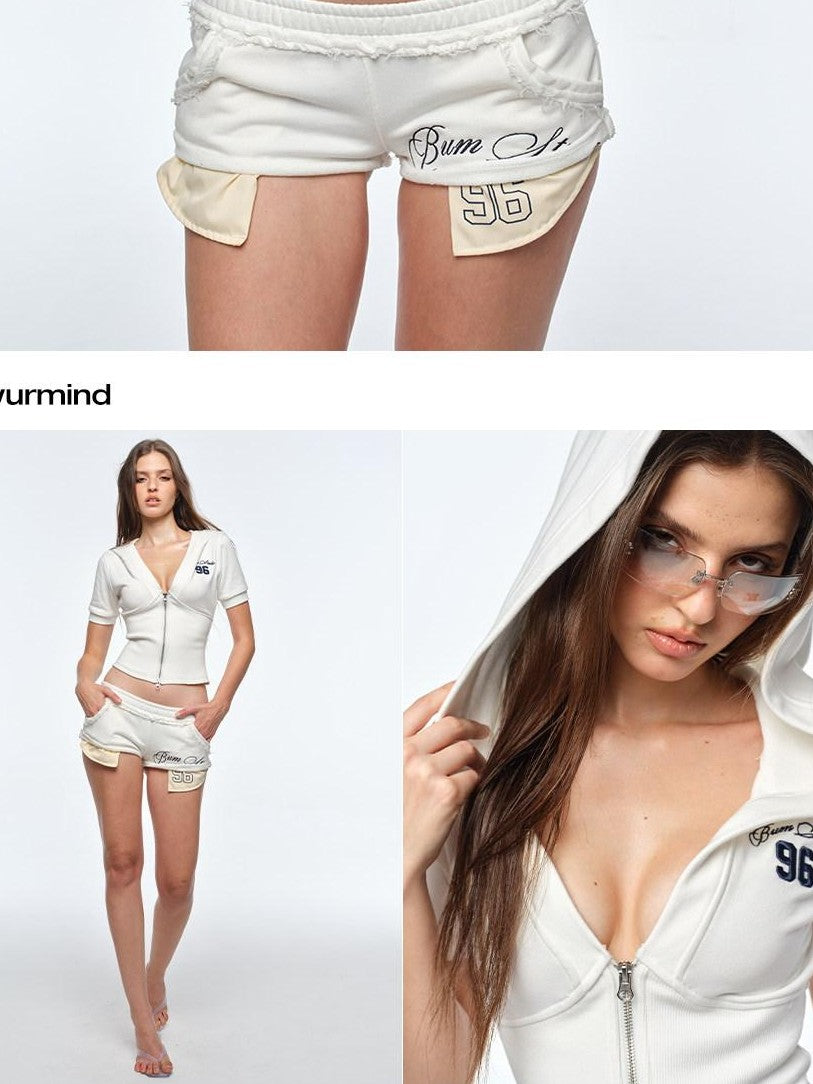 BUM STUDIO Embroidered Hooded Cropped Waist Short Sleeve Women's Cotton Zip-up Hoodies