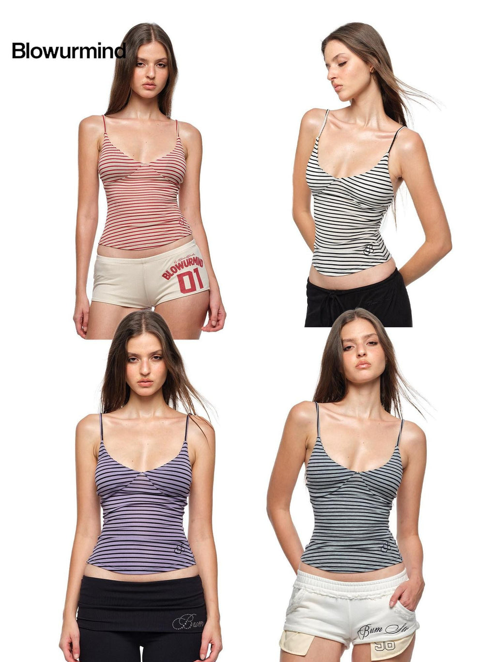 BUM STUDIO Embroidered Thin Stripe Waist Tie Padded V-neck Women's Lyocell Camisoles