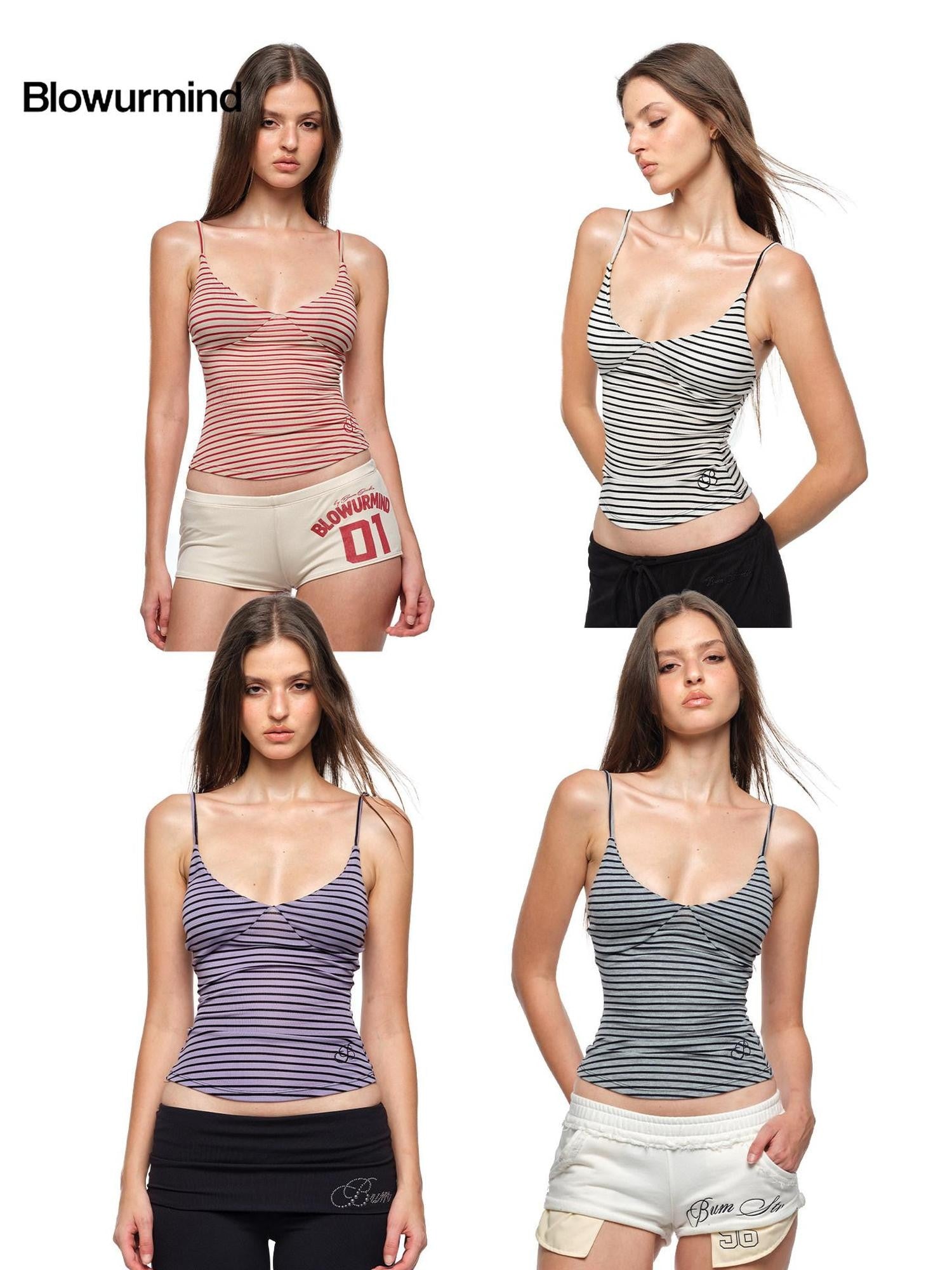 BUM STUDIO Embroidered Thin Stripe Waist Tie Padded V-neck Women's Lyocell Camisoles