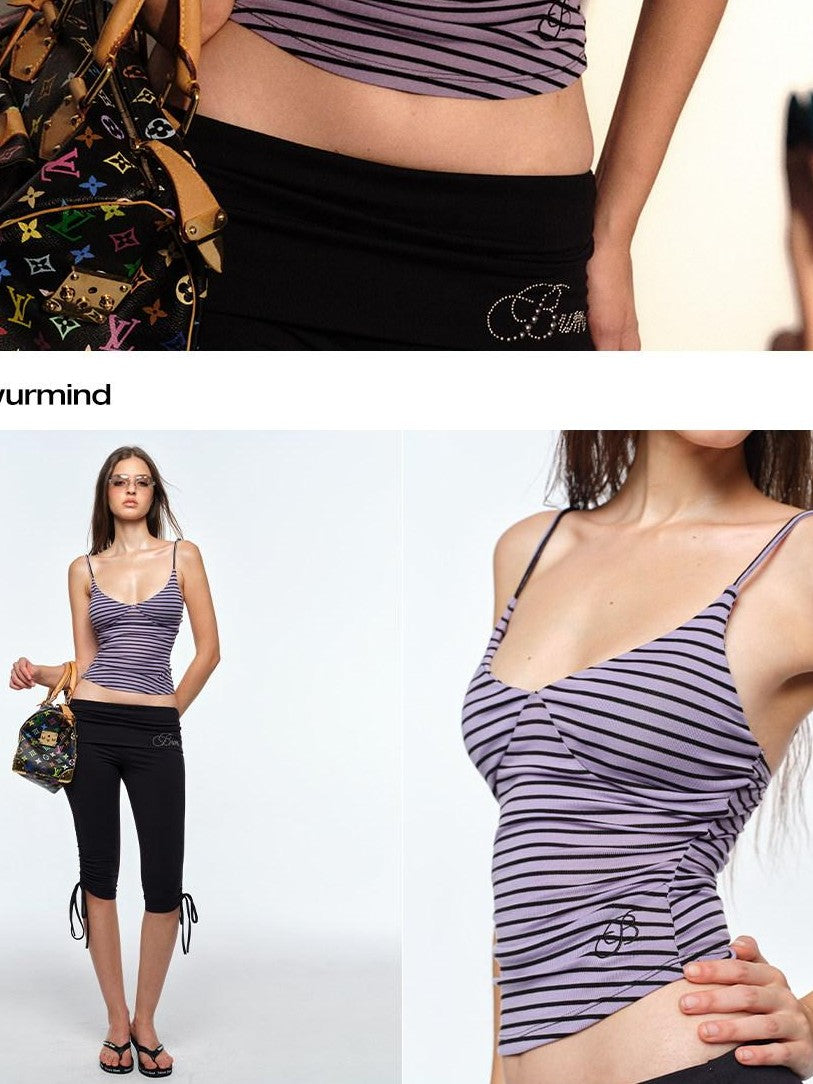 BUM STUDIO Embroidered Thin Stripe Waist Tie Padded V-neck Women's Lyocell Camisoles