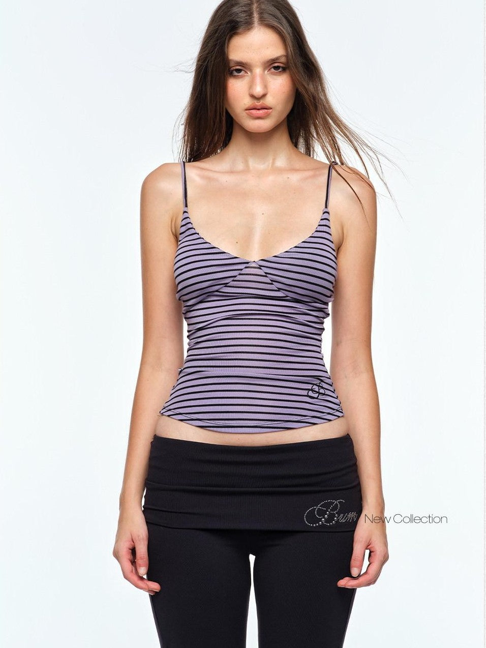 BUM STUDIO Embroidered Thin Stripe Waist Tie Padded V-neck Women's Lyocell Camisoles