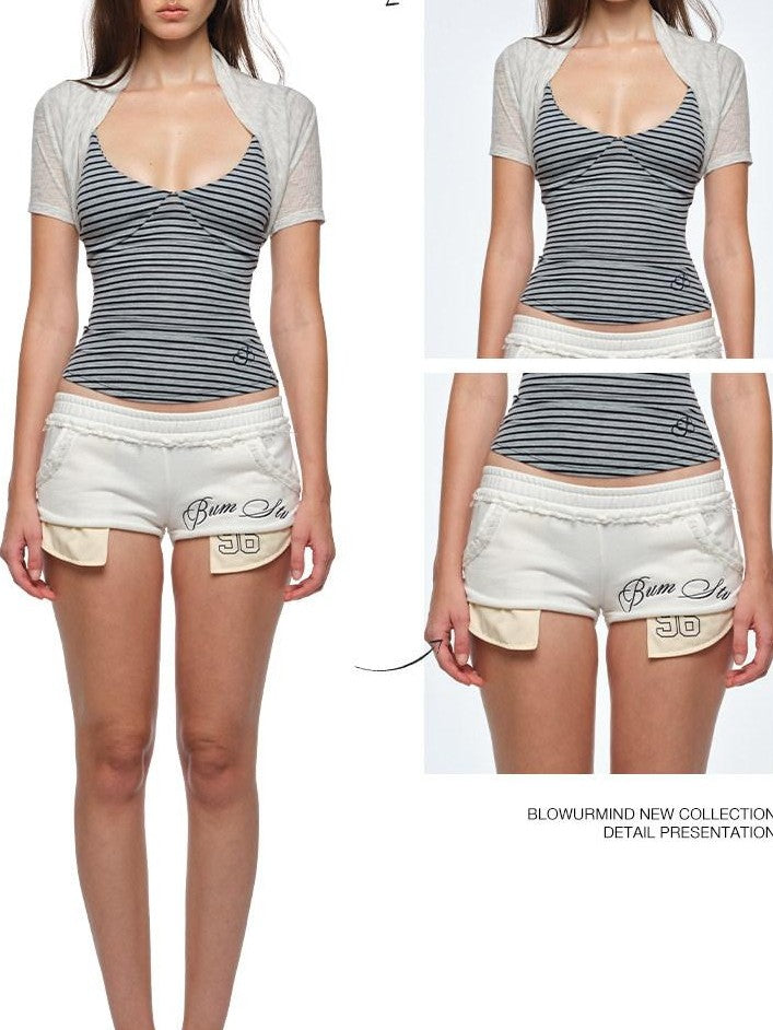BUM STUDIO Embroidered Thin Stripe Waist Tie Padded V-neck Women's Lyocell Camisoles