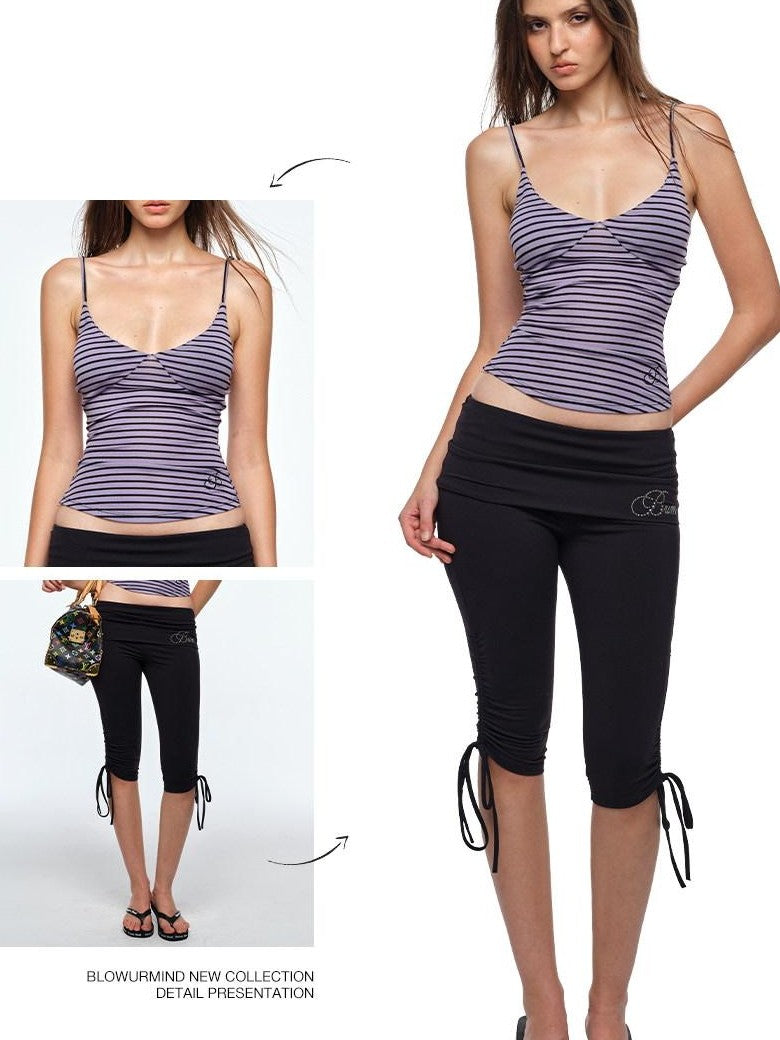 BUM STUDIO Embroidered Thin Stripe Waist Tie Padded V-neck Women's Lyocell Camisoles