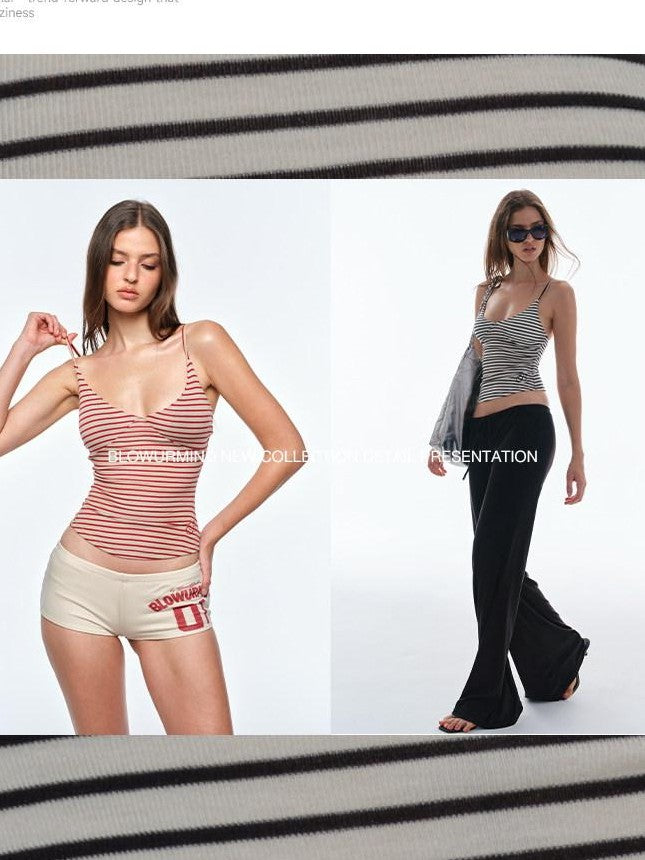 BUM STUDIO Embroidered Thin Stripe Waist Tie Padded V-neck Women's Lyocell Camisoles