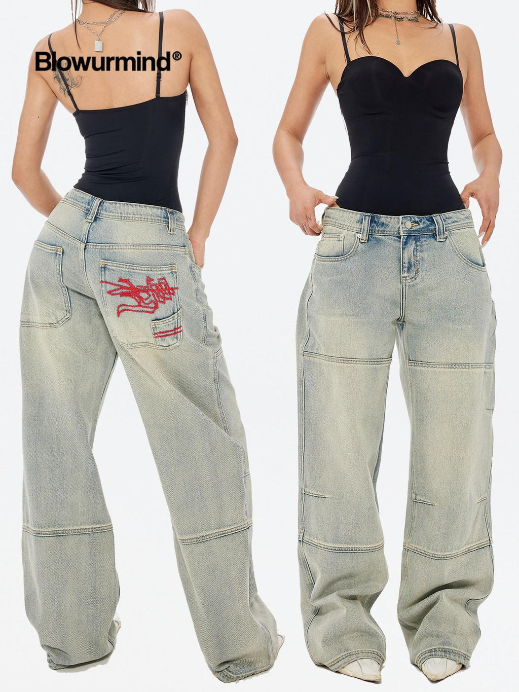 BUM STUDIO Faded Ombre Embroidered Waterwashed Low Rise Women's Cotton Denim Wide-leg Jeans