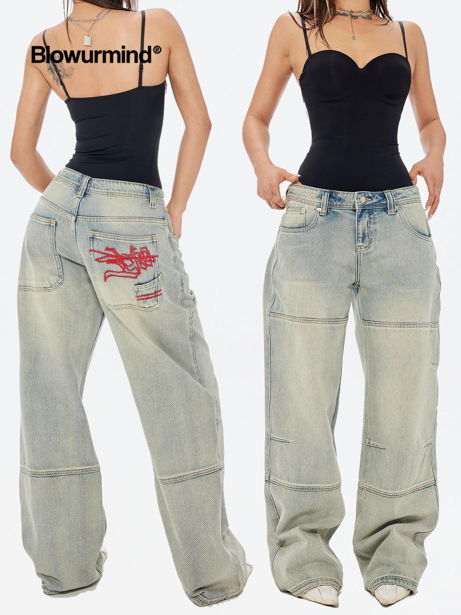 BUM STUDIO Faded Ombre Embroidered Waterwashed Low Rise Women's Cotton Denim Wide-leg Jeans