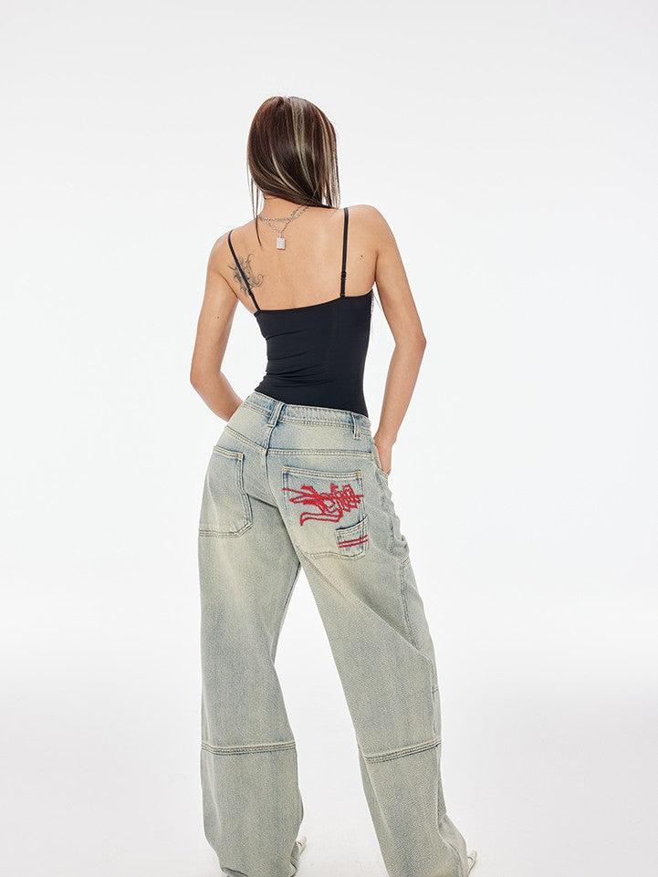 BUM STUDIO Faded Ombre Embroidered Waterwashed Low Rise Women's Cotton Denim Wide-leg Jeans