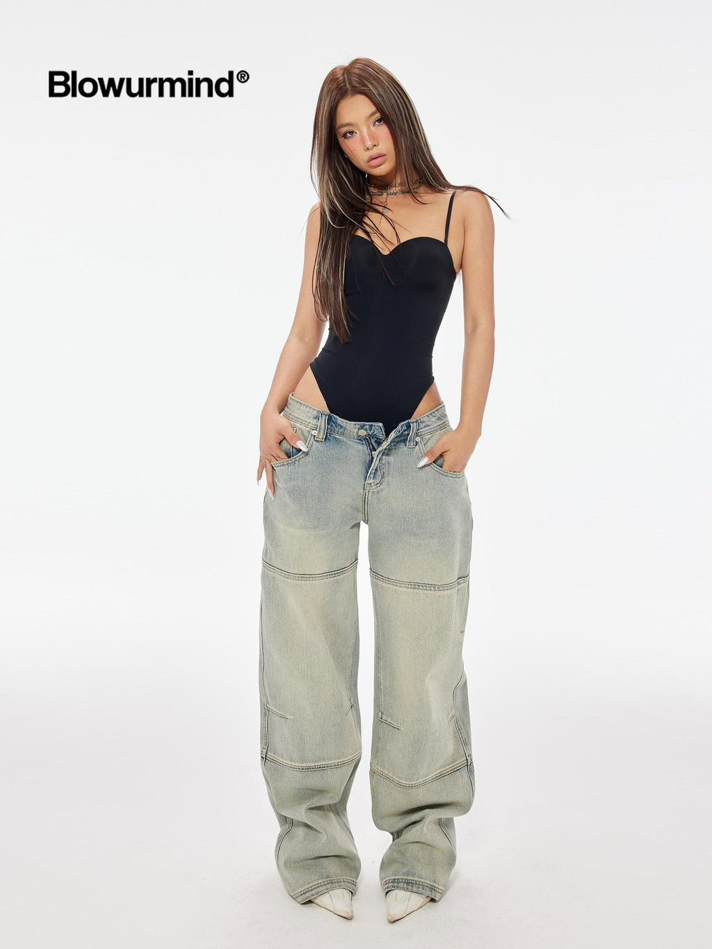 BUM STUDIO Faded Ombre Embroidered Waterwashed Low Rise Women's Cotton Denim Wide-leg Jeans