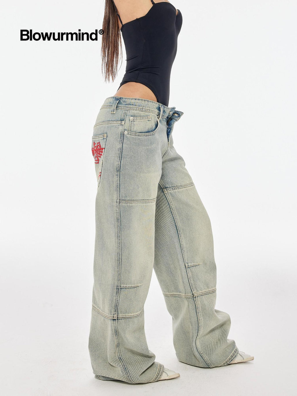 BUM STUDIO Faded Ombre Embroidered Waterwashed Low Rise Women's Cotton Denim Wide-leg Jeans