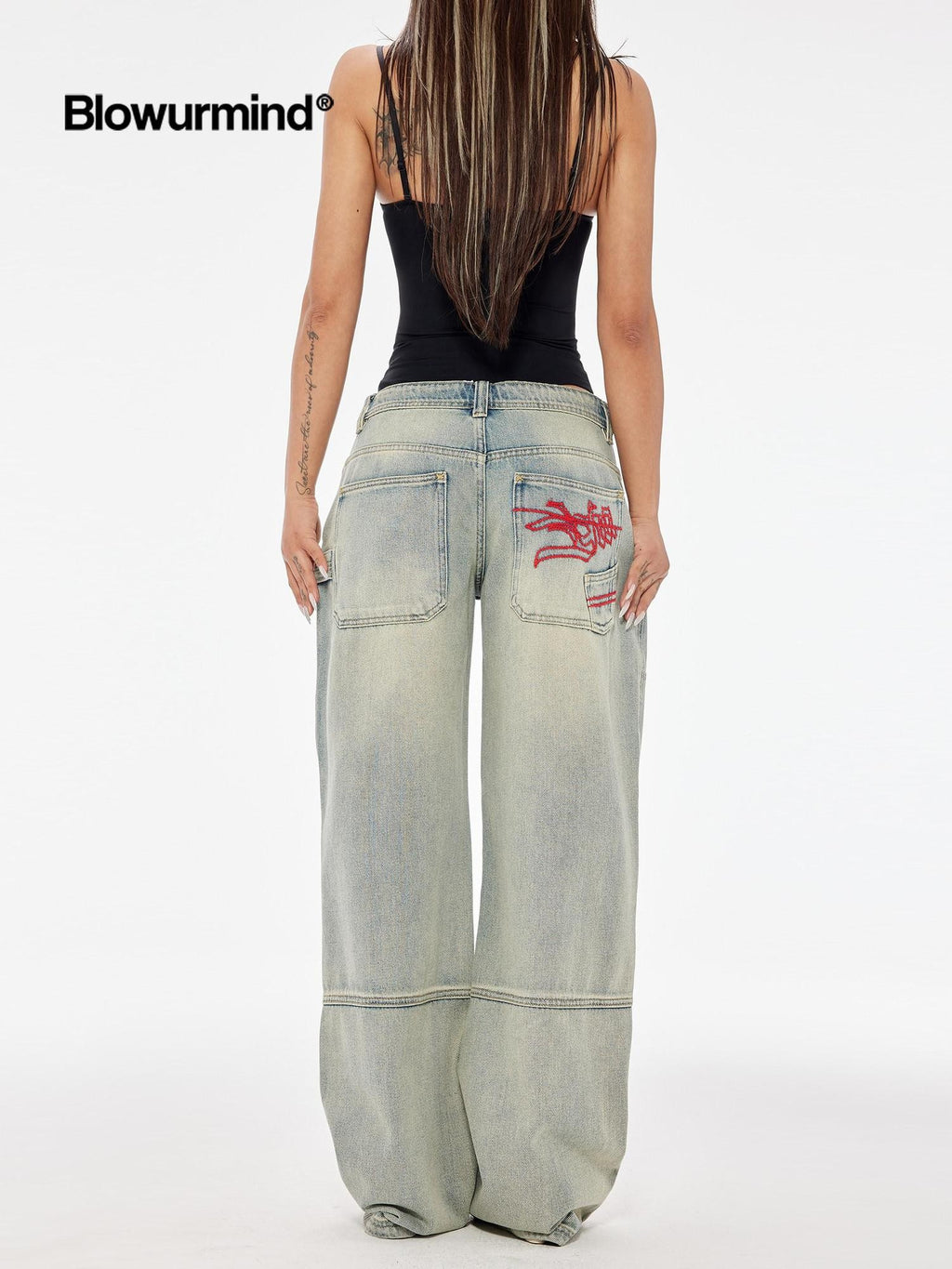 BUM STUDIO Faded Ombre Embroidered Waterwashed Low Rise Women's Cotton Denim Wide-leg Jeans