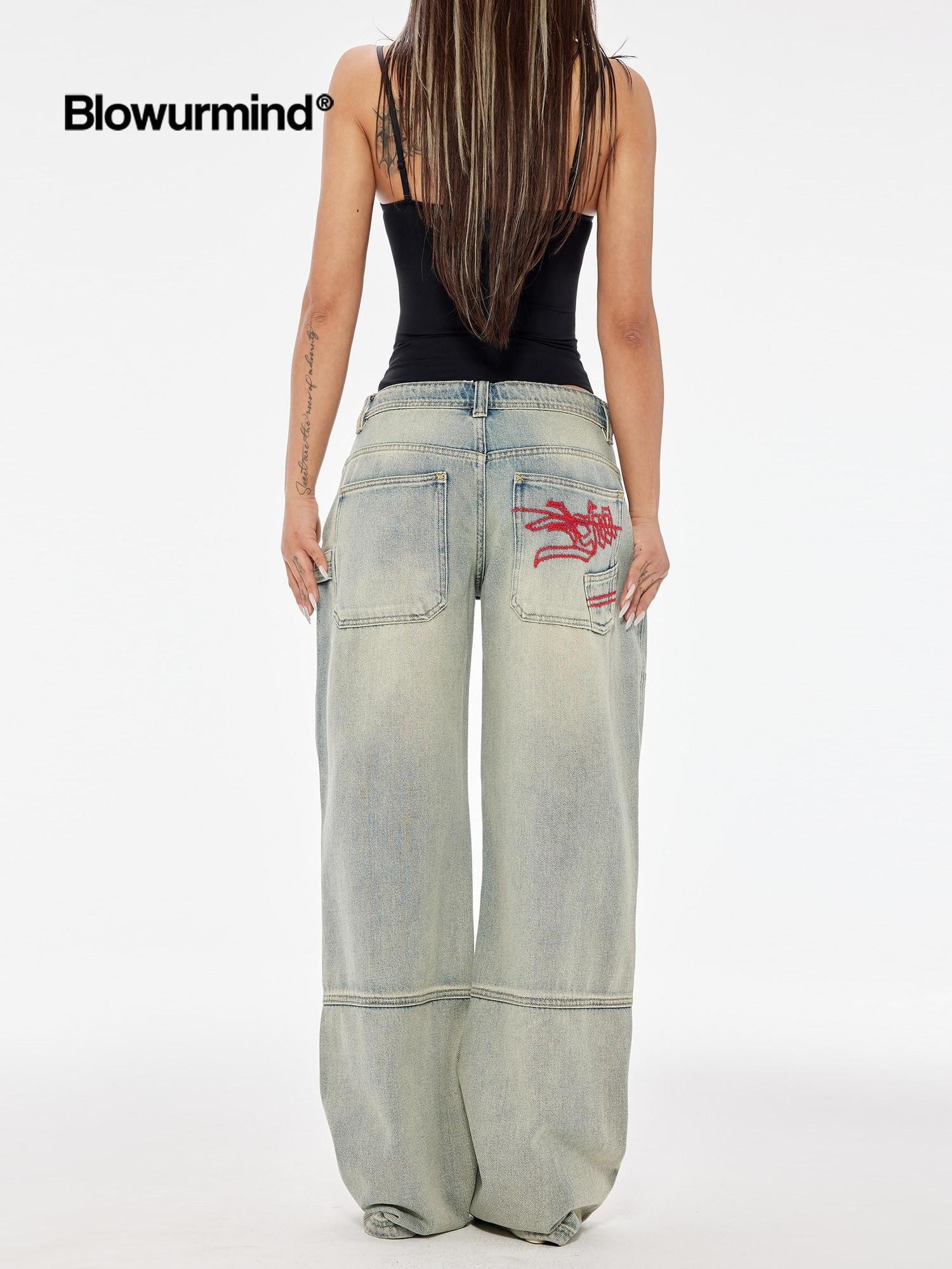 BUM STUDIO Faded Ombre Embroidered Waterwashed Low Rise Women's Cotton Denim Wide-leg Jeans