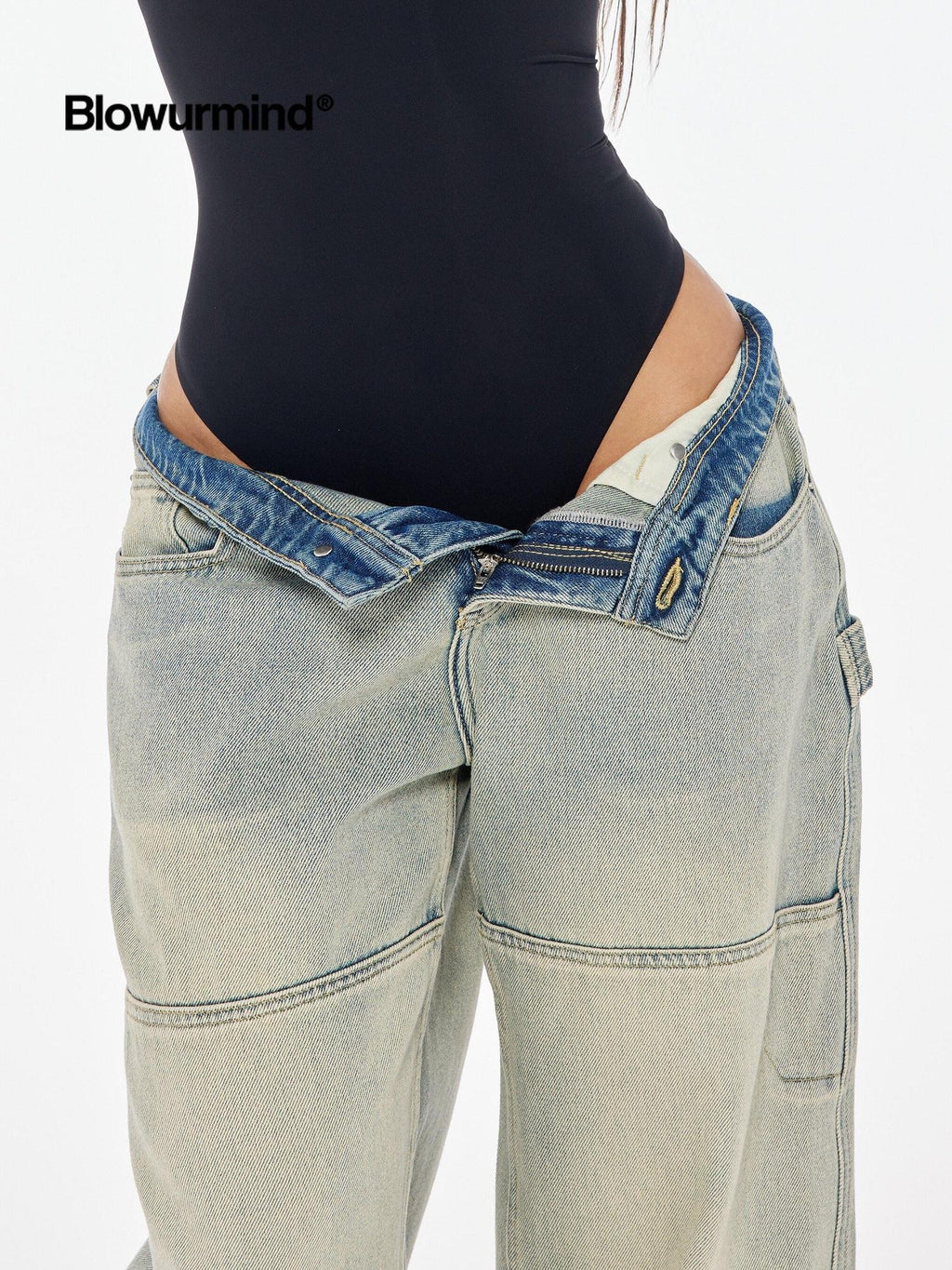 BUM STUDIO Faded Ombre Embroidered Waterwashed Low Rise Women's Cotton Denim Wide-leg Jeans