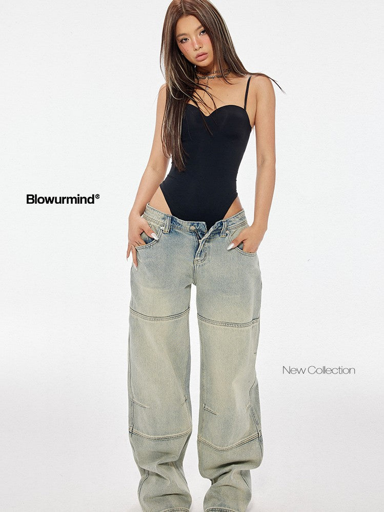 BUM STUDIO Faded Ombre Embroidered Waterwashed Low Rise Women's Cotton Denim Wide-leg Jeans