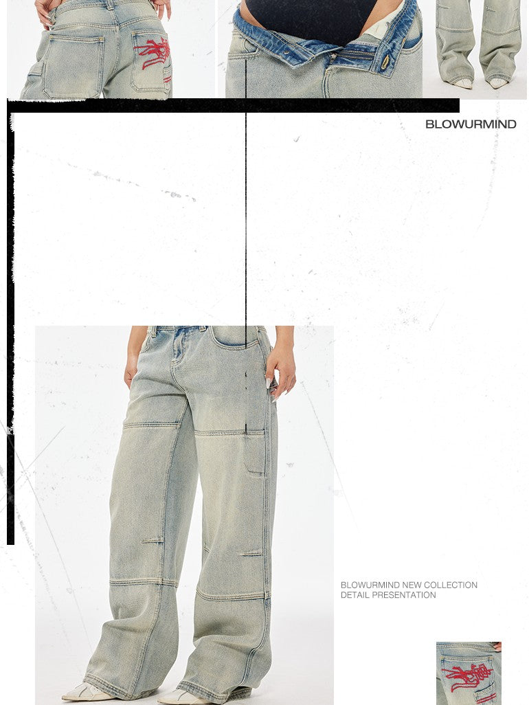 BUM STUDIO Faded Ombre Embroidered Waterwashed Low Rise Women's Cotton Denim Wide-leg Jeans