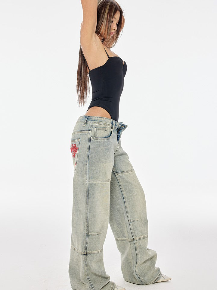 BUM STUDIO Faded Ombre Embroidered Waterwashed Low Rise Women's Cotton Denim Wide-leg Jeans