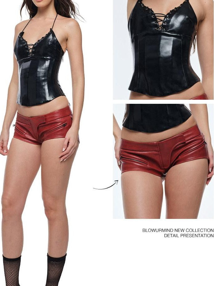 BUM STUDIO Glossy Boned Zipper Strappy Adjustable Padded Women's Pu Corset Camisoles