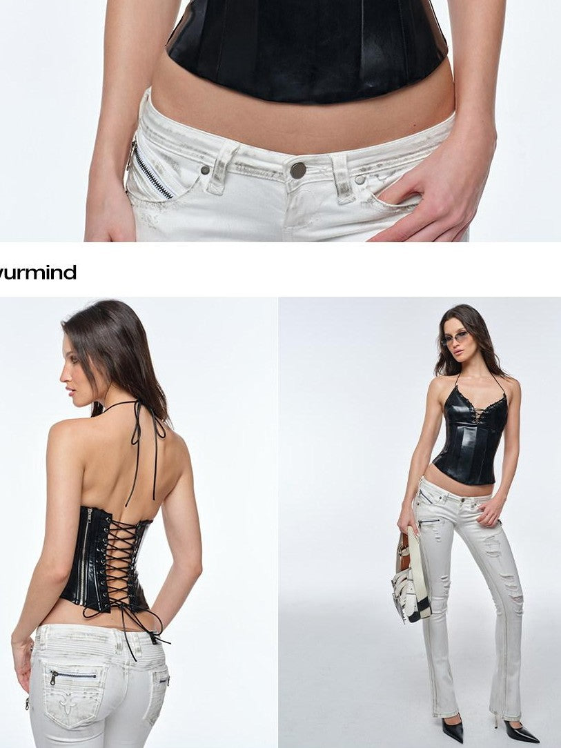 BUM STUDIO Glossy Boned Zipper Strappy Adjustable Padded Women's Pu Corset Camisoles