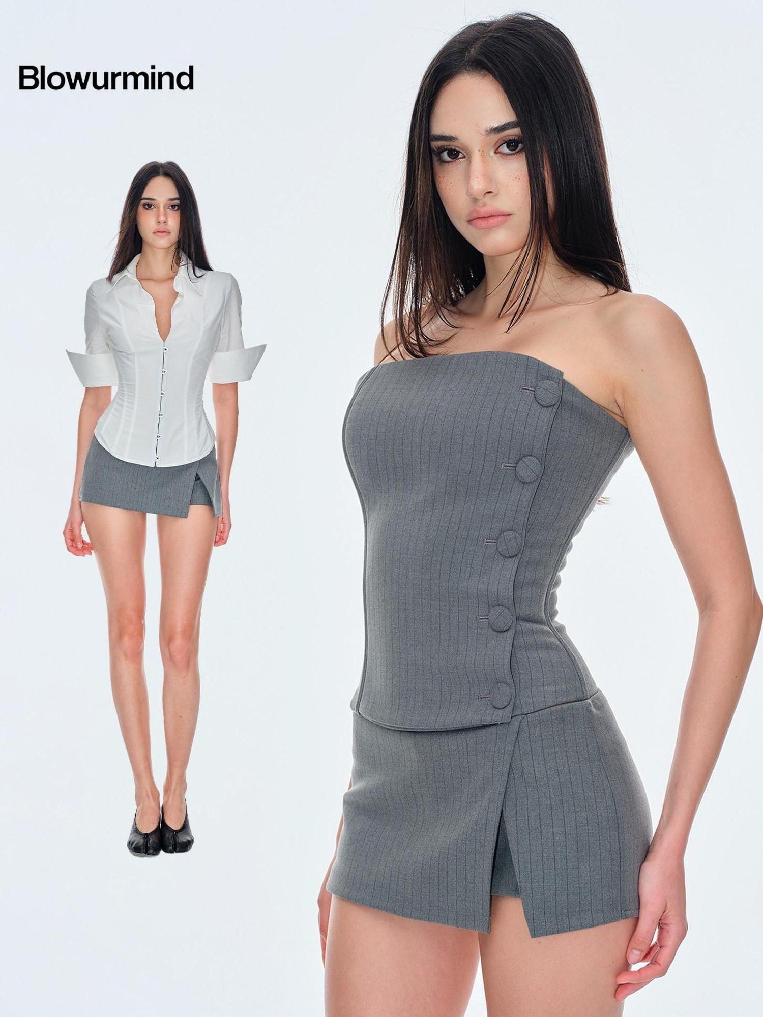 BUM STUDIO Gray Asymmetrical Aline Side Slit Composite Women's Polyester Blend Skorts