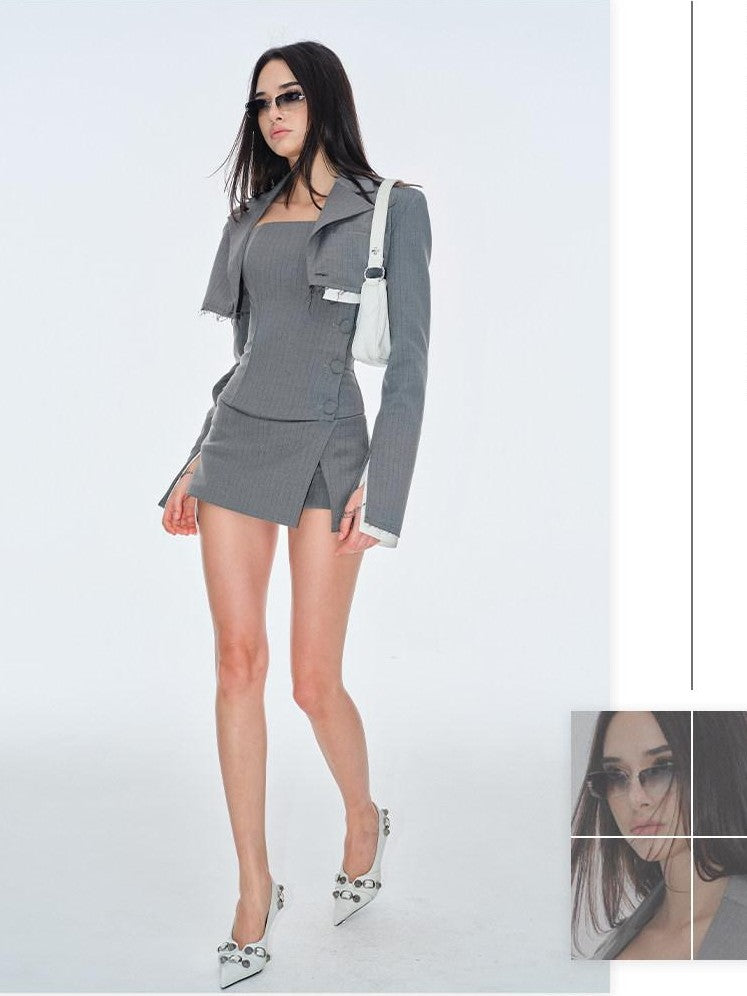 BUM STUDIO Gray Asymmetrical Aline Side Slit Composite Women's Polyester Blend Skorts