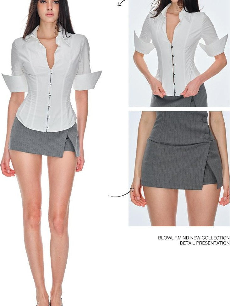 BUM STUDIO Gray Asymmetrical Aline Side Slit Composite Women's Polyester Blend Skorts