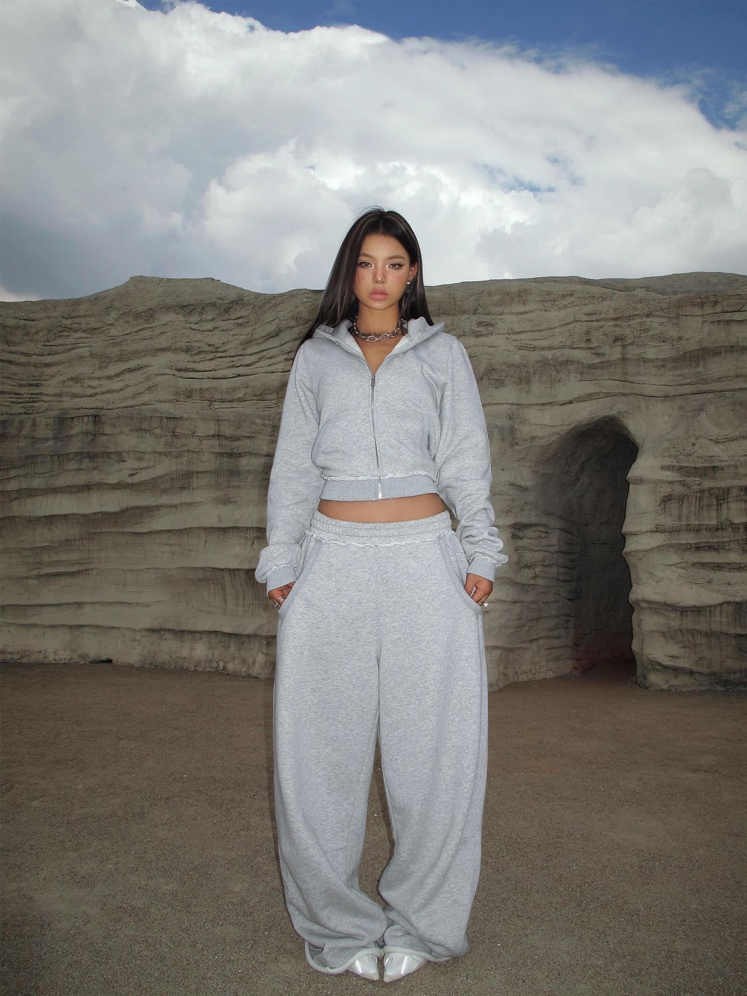 BUM STUDIO Gray Frayed Hem Fleece Lined Slim Fit Women's Cotton Blend Tracksuit Sets