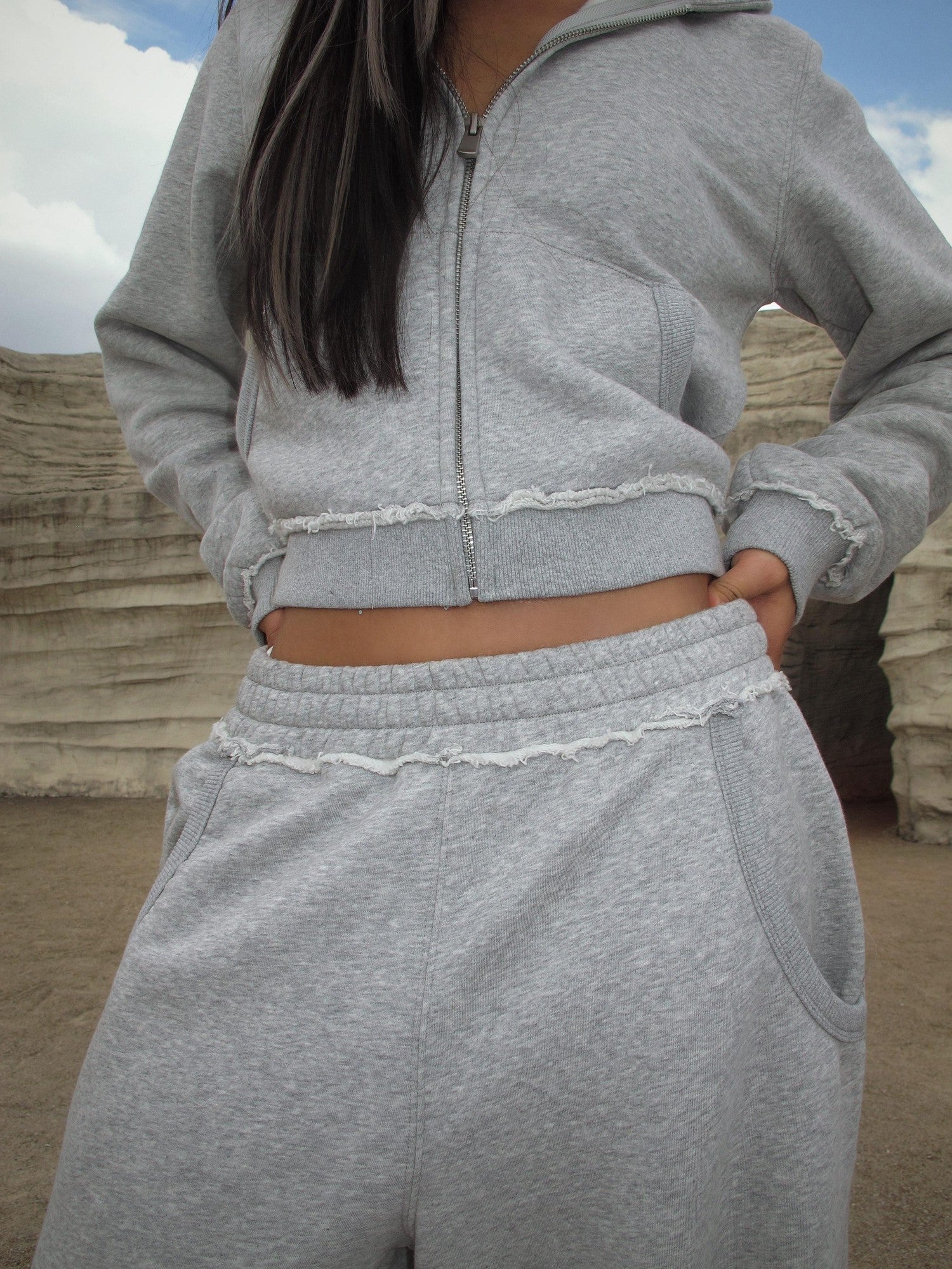 BUM STUDIO Gray Frayed Hem Fleece Lined Slim Fit Women's Cotton Blend Tracksuit Sets