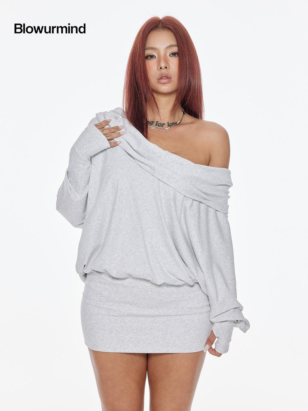 BUM STUDIO Grey Asymmetrical Hooded Batwing High Waist Women's Cotton Casual Mini Dresses