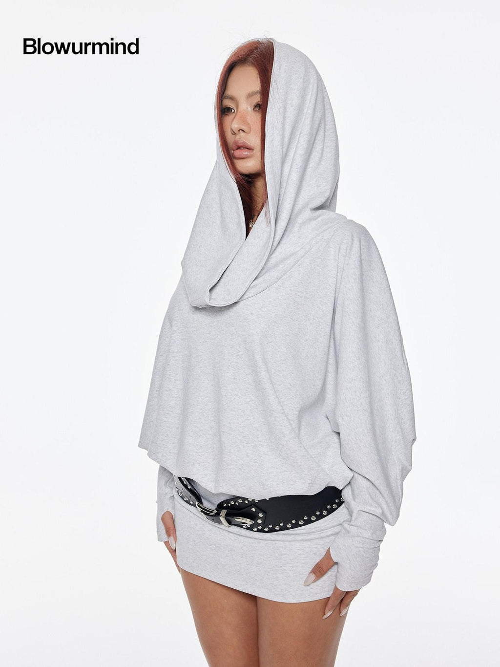 BUM STUDIO Grey Asymmetrical Hooded Batwing High Waist Women's Cotton Casual Mini Dresses