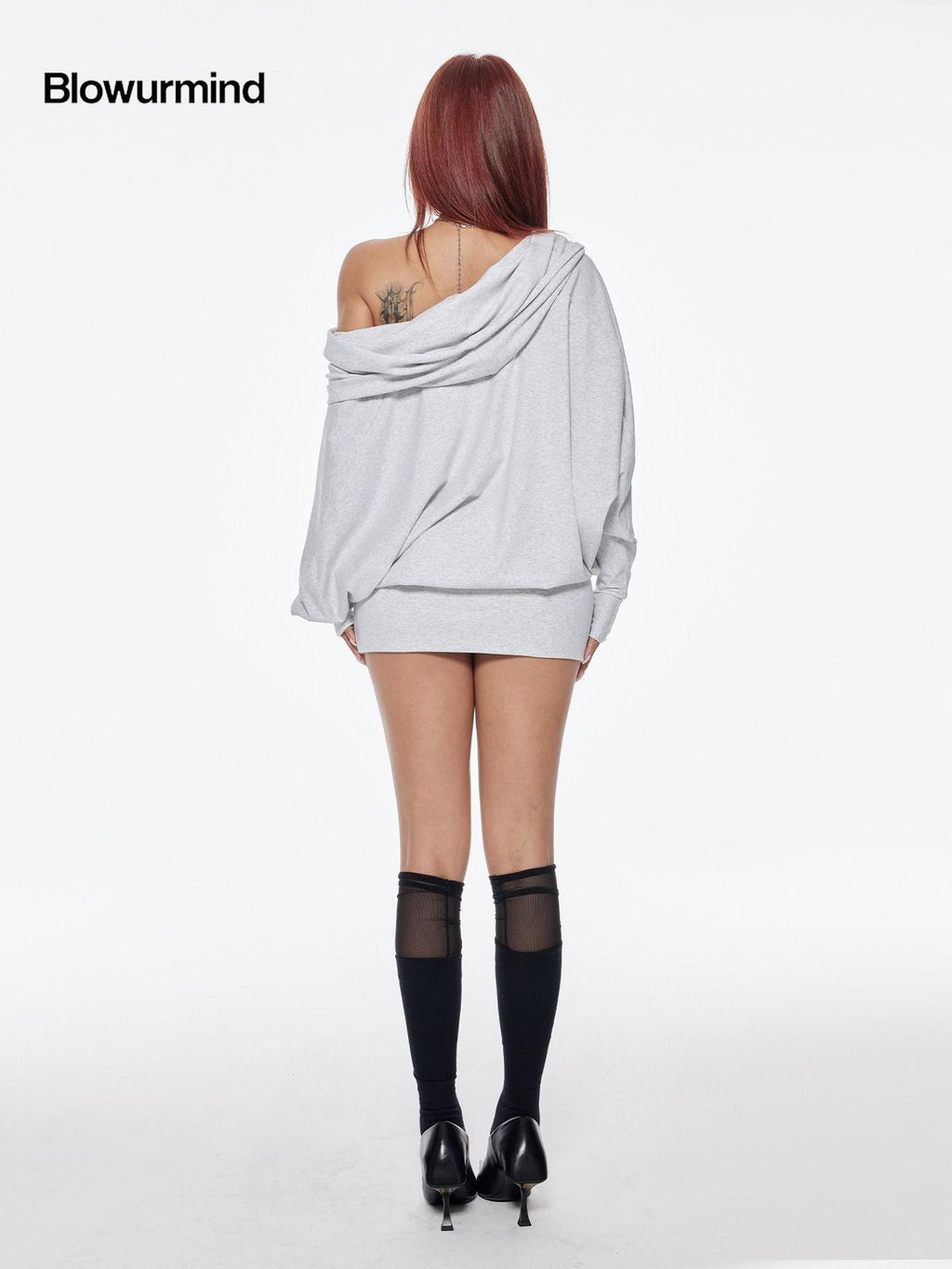 BUM STUDIO Grey Asymmetrical Hooded Batwing High Waist Women's Cotton Casual Mini Dresses