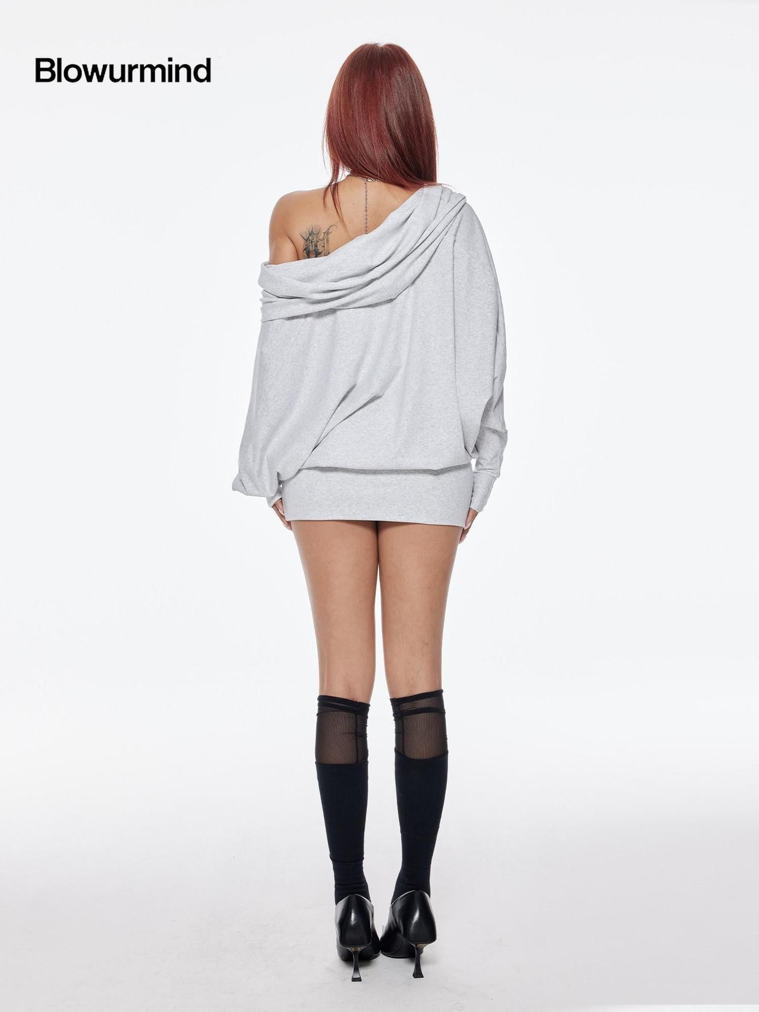 BUM STUDIO Grey Asymmetrical Hooded Batwing High Waist Women's Cotton Casual Mini Dresses