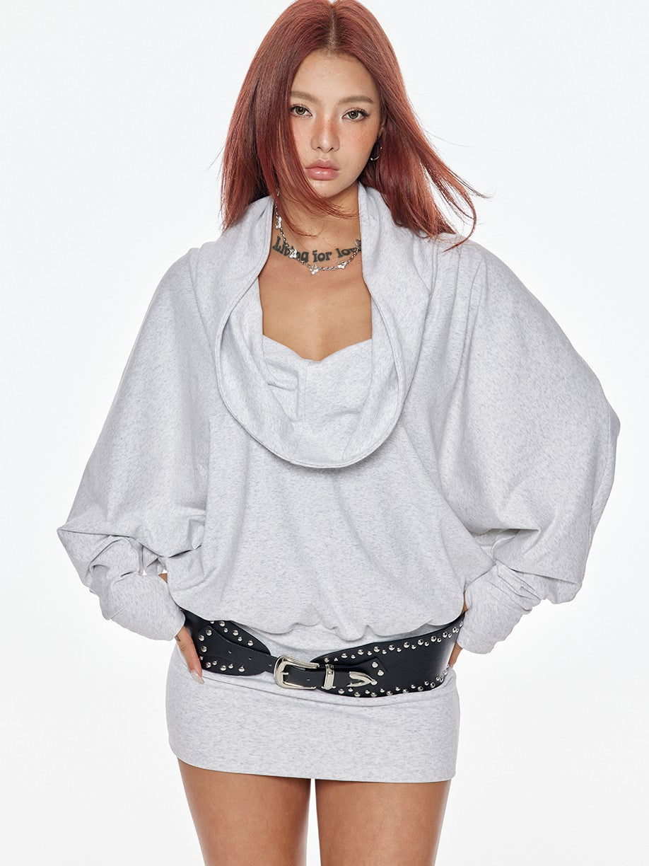 BUM STUDIO Grey Asymmetrical Hooded Batwing High Waist Women's Cotton Casual Mini Dresses