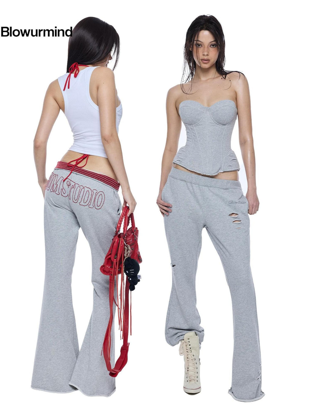 BUM STUDIO Grey Hand Distressed Contrast Waistband Low Rise Women's Cotton Flare Pants